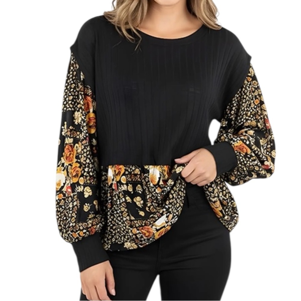 NWTS MAURICES BLACK FLORAL LAYERED PATCHWORK COTTAGECORE BOHO BLOUSE SZ LG